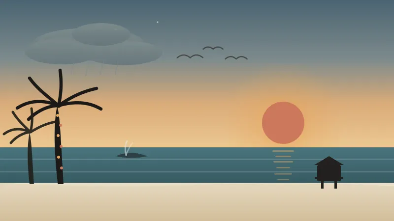 Illustration of a cool San Diego December dusk on the beach with a low early-setting coral sun, a wet-season rain cloud, a gray whale spouting offshore, pelicans, a lifeguard tower, and a palm tree strung with warm holiday lights