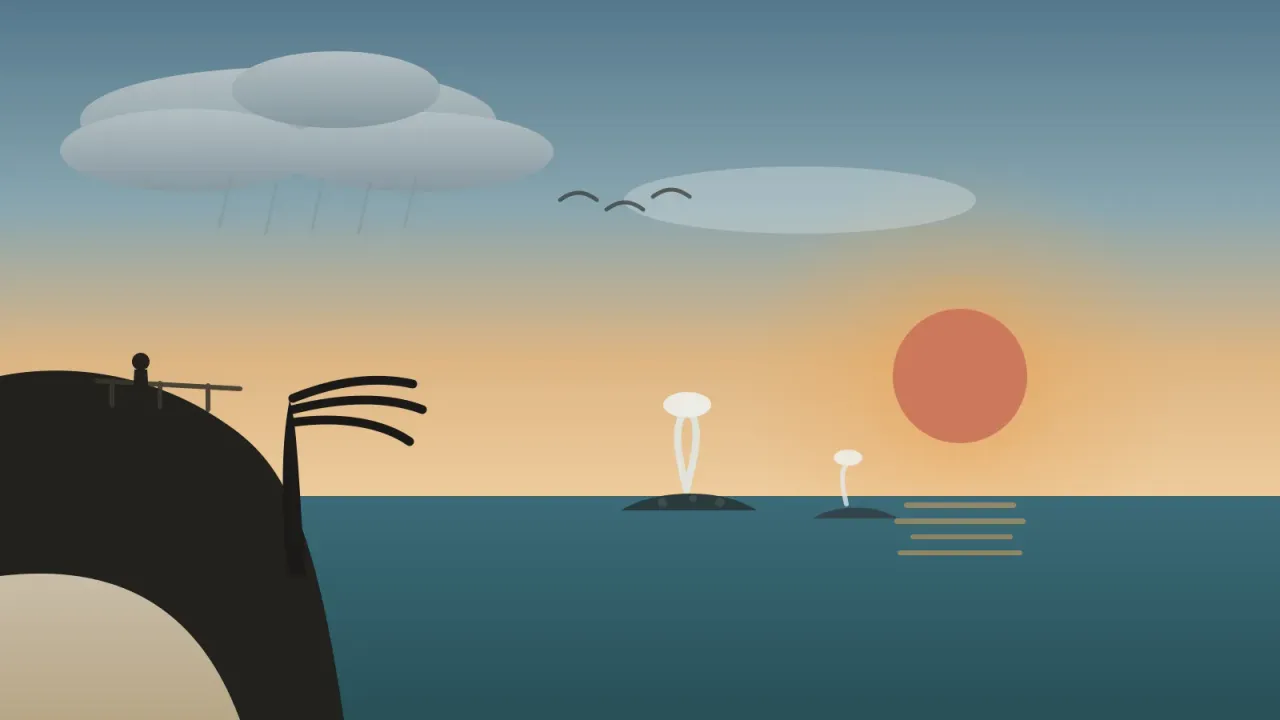 Illustration of a San Diego coastal cliff in February with a gray whale mother and calf spouting offshore, a soft winter sun breaking through clouds, a lone whale-watcher at the overlook rail, and a passing rain cloud