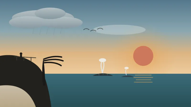 Illustration of a San Diego coastal cliff in February with a gray whale mother and calf spouting offshore, a soft winter sun breaking through clouds, a lone whale-watcher at the overlook rail, and a passing rain cloud