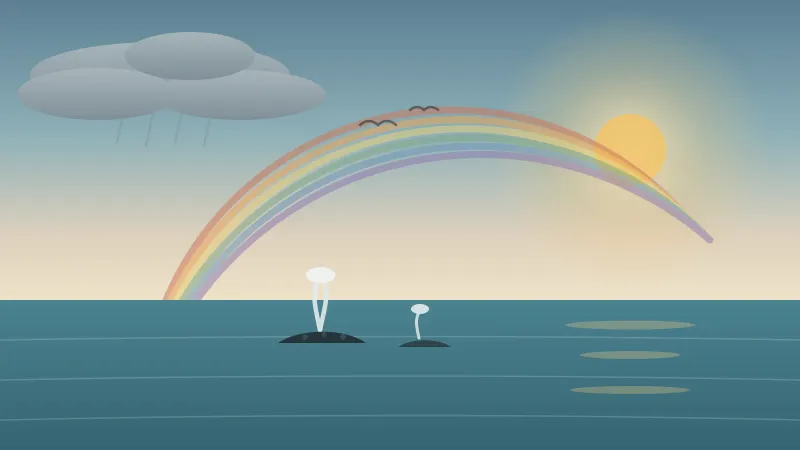 Illustration of a rain-washed San Diego sea in February with a soft rainbow arcing over the water after a storm, a retreating rain cloud on the left, a sunbreak on the right, and a gray whale mother and calf spouting below the rainbow