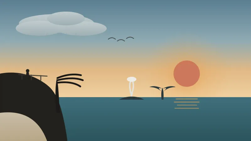 Illustration of a San Diego coastal cliff in January with a gray whale spouting and lifting its tail offshore, a low winter sun, a lone whale-watcher at the overlook rail, and a drifting rain cloud