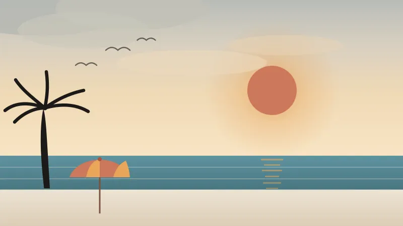 Illustration of a San Diego beach in June with a coral sun, warm blue water, a palm tree, and a thin band of marine-layer cloud clearing at the top