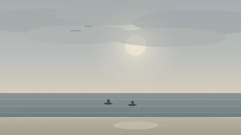 Illustration of a gray June Gloom morning on the San Diego coast with a flat marine-layer overcast, a pale sun barely showing through the cloud, a silver calm sea, and two surfers sitting on their boards waiting for it to clear