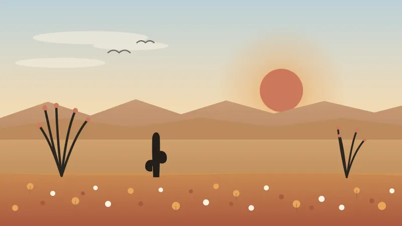 Illustration of the Anza-Borrego desert super bloom near San Diego in March, with orange and cream wildflowers and red-tipped ocotillo stalks across the sand, a warm spring sun rising over desert mountains under a clear blue and amber sky