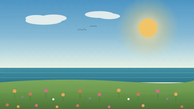 Illustration of a bright, clear San Diego spring day in May with a blue sky and soft clouds, a high golden sun, a calm blue sea, and a green coastal meadow full of coral, amber, and purple wildflowers in the foreground