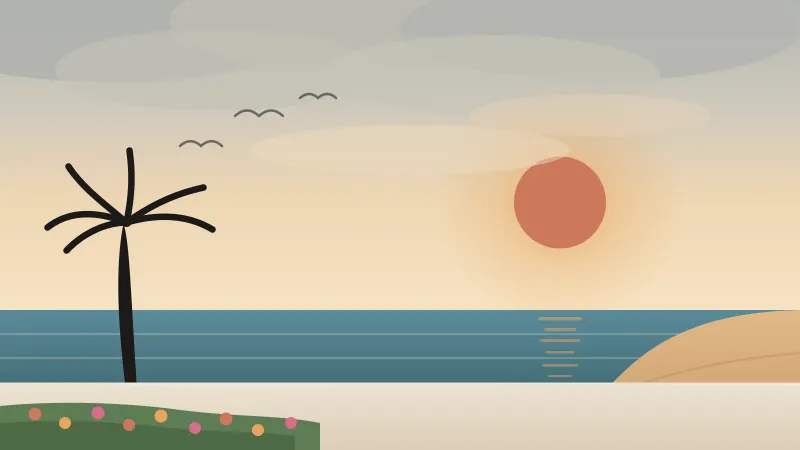 Illustration of a San Diego coast in May with a coral sun, cool blue water, a sandstone bluff, a palm, and spring wildflowers under a band of gray marine-layer cloud
