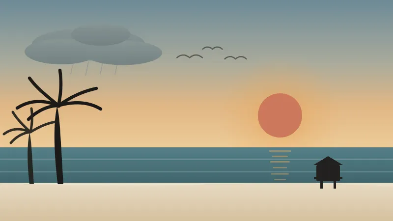 Illustration of a mild San Diego November evening on the beach with an early low sun, a first wet-season cloud dropping light rain, calm cool water, a lifeguard tower, pelicans, and palm trees