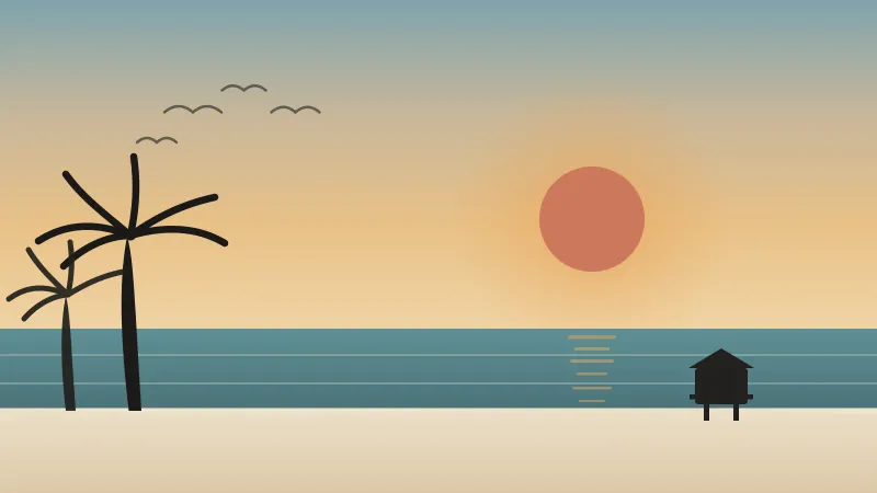 Illustration of a clear, warm October afternoon on a San Diego beach with a low golden sun, warm blue water, a lifeguard tower, pelicans, and palm trees