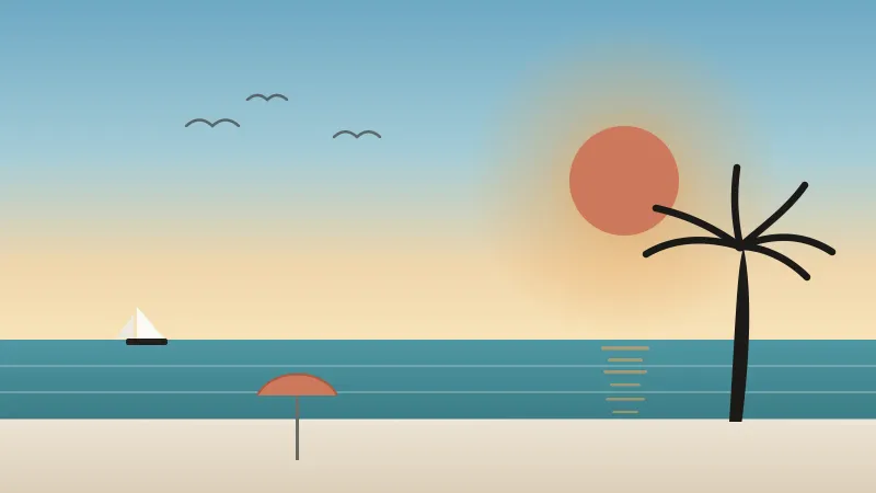 Illustration of a clear, golden late-summer San Diego beach in September with a low coral sun, warm blue water, a single beach umbrella, a sailboat, and a palm tree