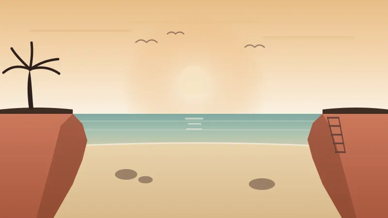 Illustration of a secret San Diego beach cove framed by sandstone cliffs, an empty crescent of sand, calm water, and a hidden staircase down the bluff