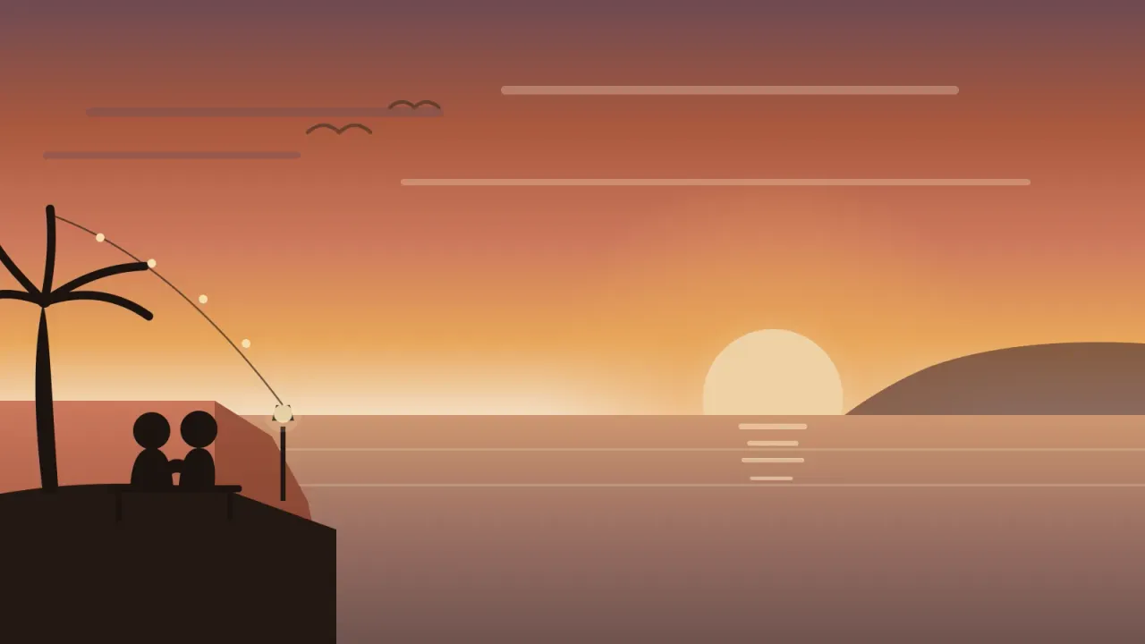 Illustration of a couple on a clifftop bench under a palm and string lights, watching the sun set over the ocean in San Diego