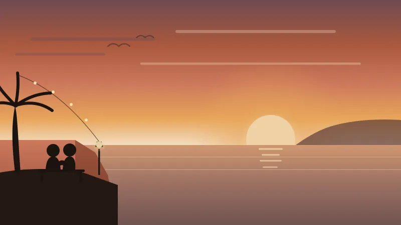 Illustration of a couple on a clifftop bench under a palm and string lights, watching the sun set over the ocean in San Diego