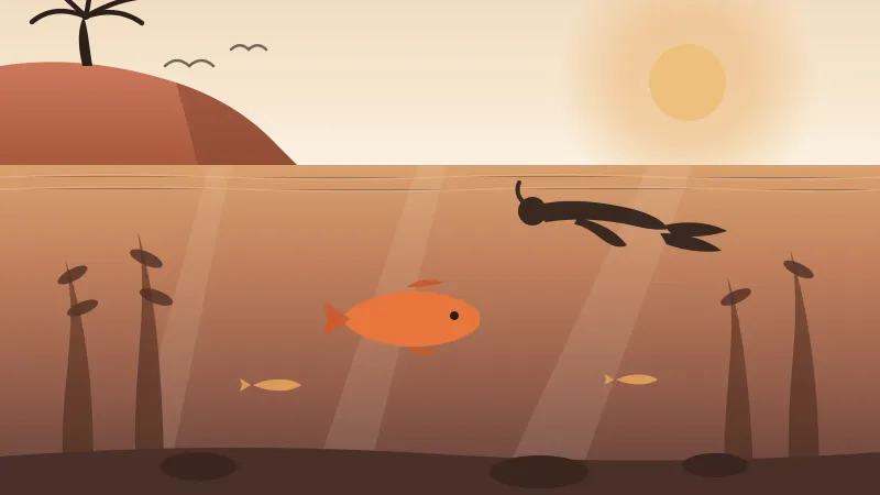 Illustration of a snorkeler floating at the surface over a warm-toned kelp forest at La Jolla Cove, with a bright orange garibaldi below, the cove's sandstone headland and a lone palm on the point, in the brand's coral and amber palette