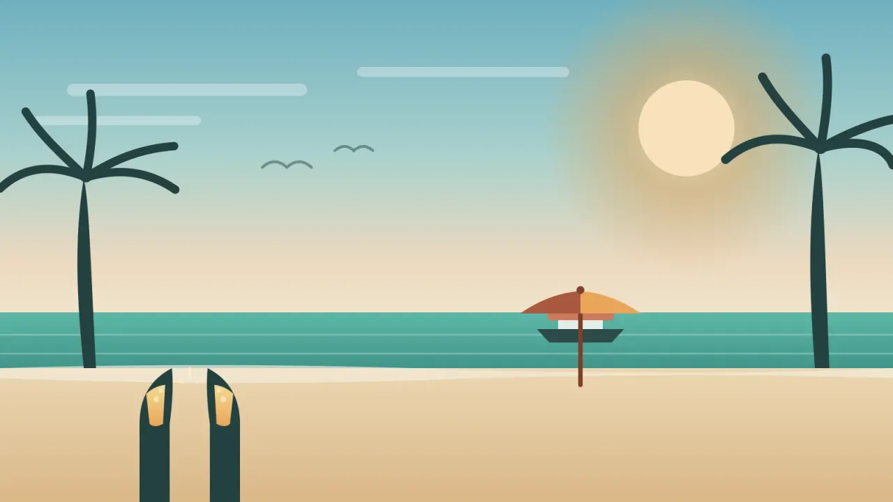 Illustration of a sunny San Diego Sunday Funday scene with a beachfront patio, palm trees, brunch glasses of mimosa, and a small electric boat on the bay, in the brand's coral, amber, and teal palette