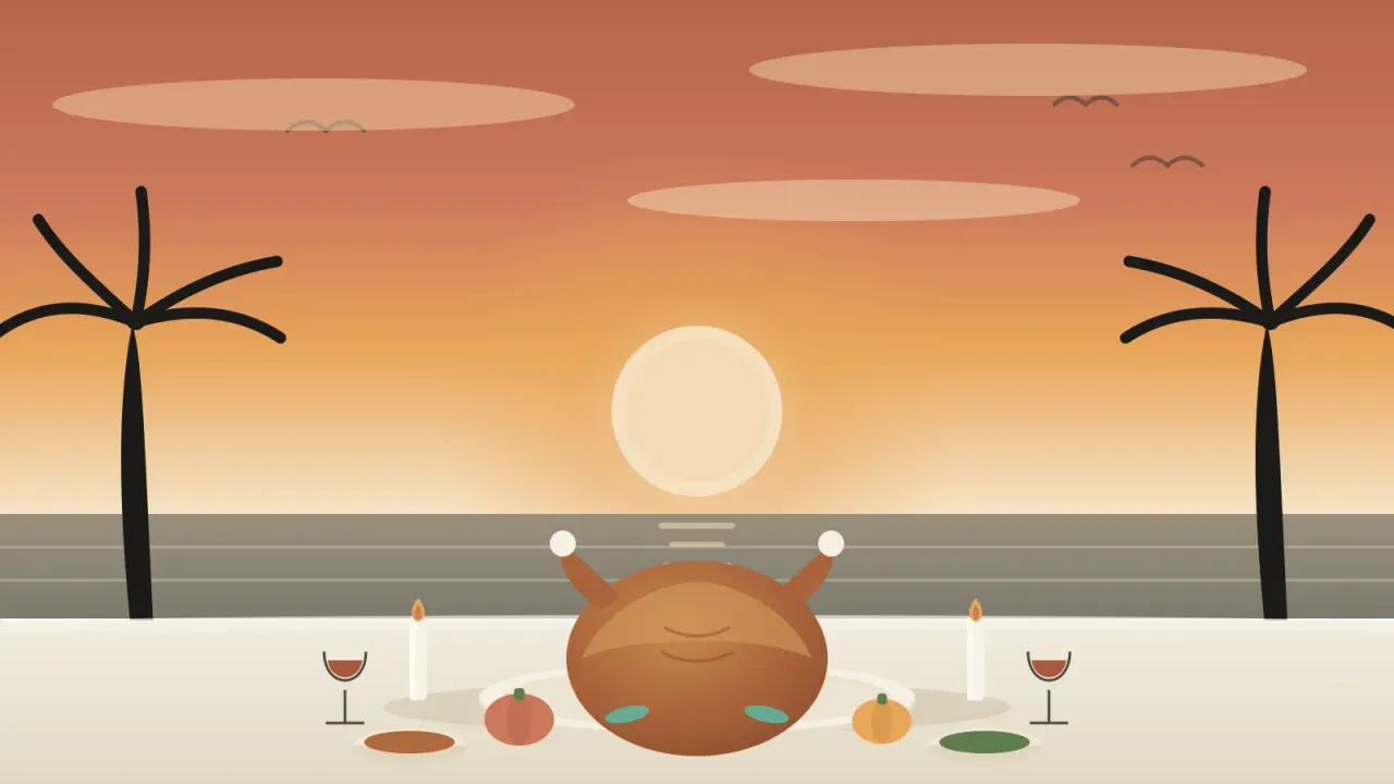 Illustration of a San Diego Thanksgiving table at golden hour, a roast turkey on a platter with candles, wine, and pumpkins, framed by palm silhouettes over an ocean sunset in the brand's coral and amber palette