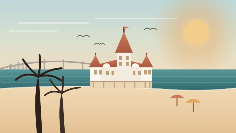 Illustration of the red-turreted Hotel del Coronado on Coronado Beach with palms, the curved San Diego-Coronado Bridge, and the downtown skyline across the bay