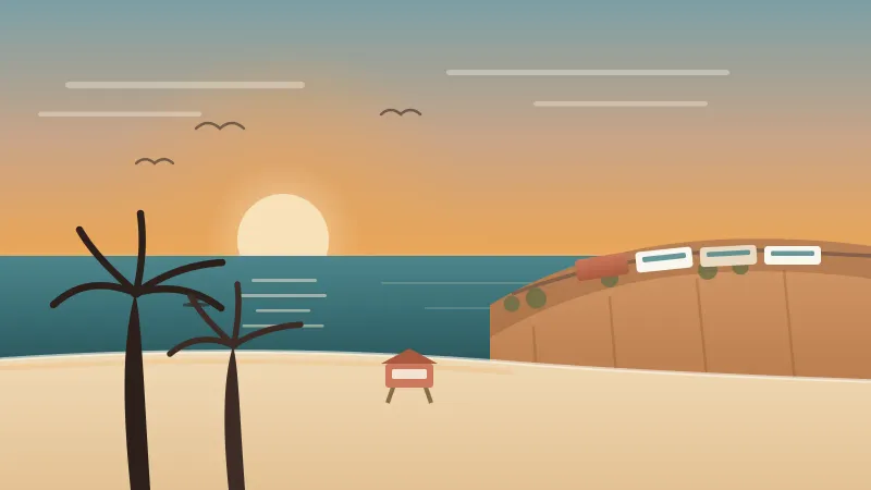 Illustration of the Del Mar coast at sunset with the sandstone bluff, the coastal train running along the top, a beach lifeguard tower, and palms