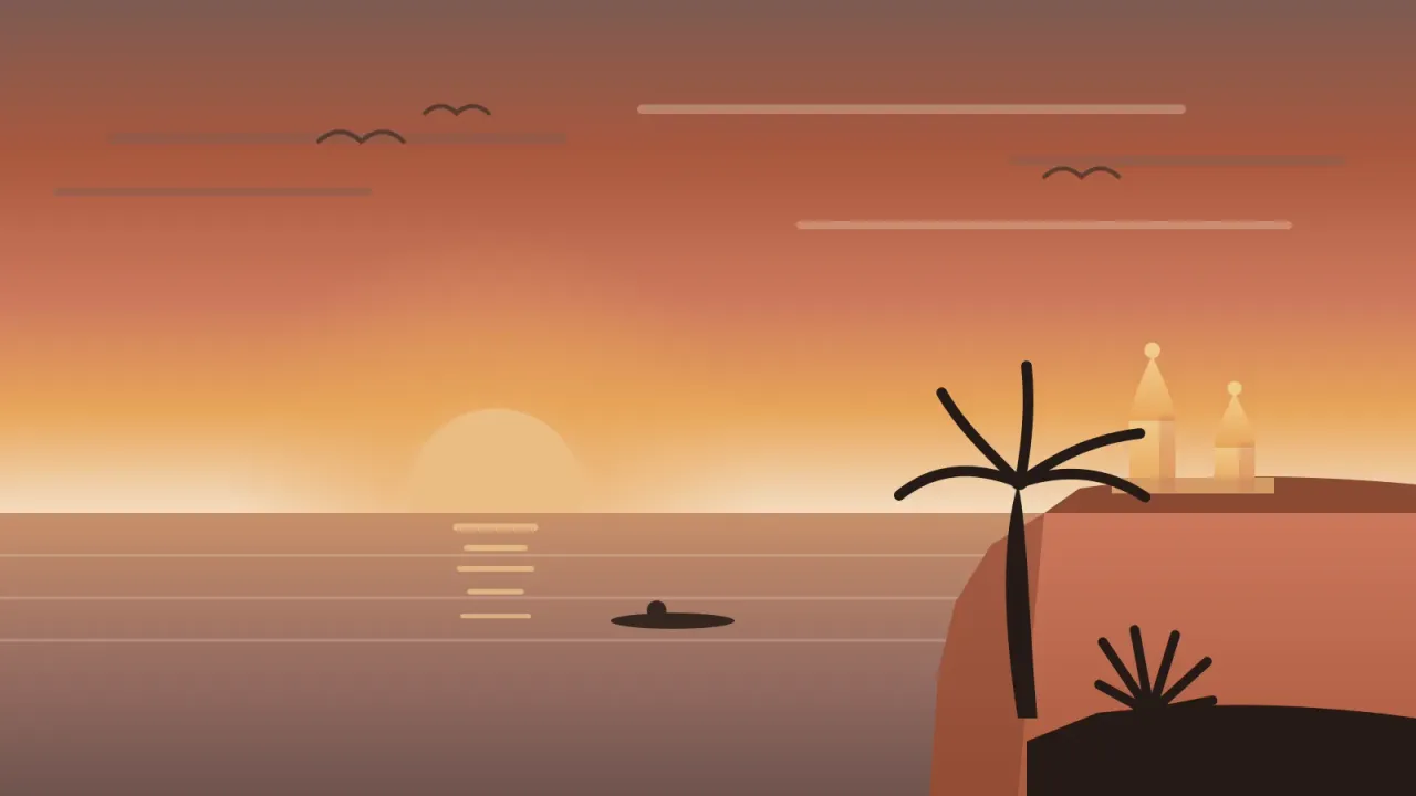 Illustration of the Self-Realization Fellowship's golden lotus towers on the Encinitas bluff above Swami's Beach at sunset, with a surfer paddling out, palms, and the Pacific in the brand's coral and amber palette