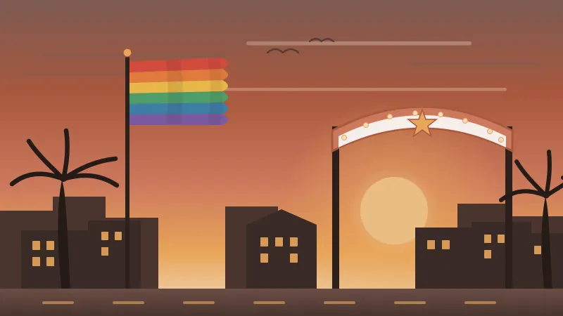 Illustration of the arched neon Hillcrest gateway sign over University Avenue beside the giant rainbow Pride flag on its tall flagpole at dusk, with palm silhouettes and warm low-rise rooflines, in the brand's coral and amber palette