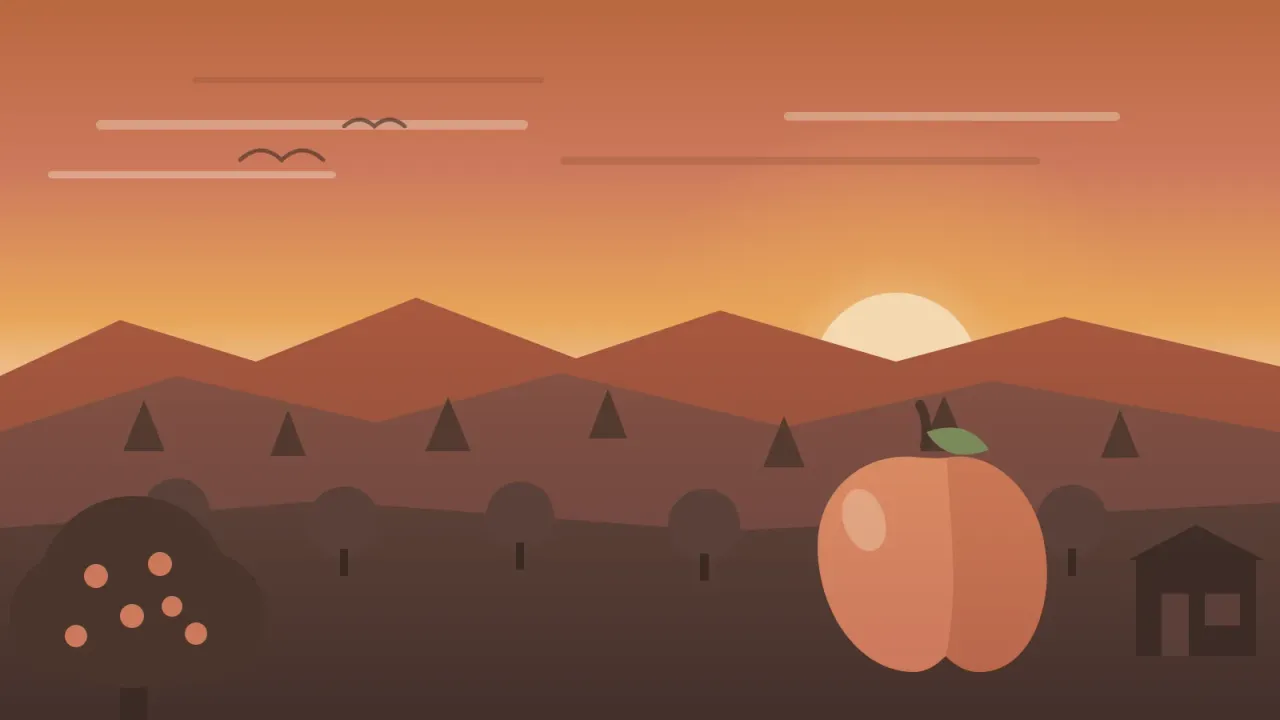 Illustration of the Julian mountains at golden hour with pine-covered ridges, an apple orchard, a large red apple, and a historic Main Street storefront, in the brand's warm coral and amber palette