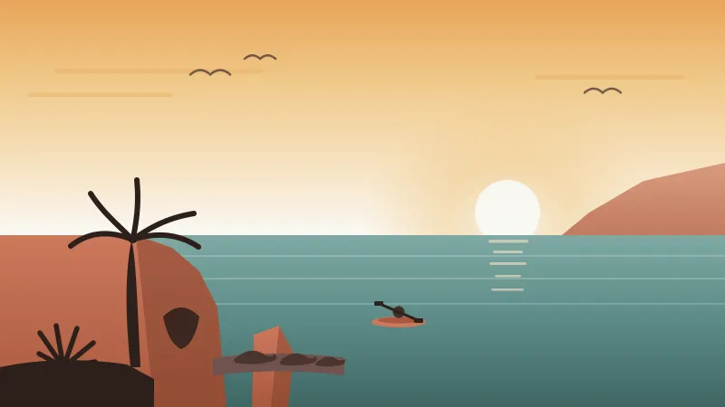 Illustration of La Jolla Cove in San Diego with sandstone cliffs, sea lions on the rocks, a kayaker near the sea caves, and a palm on the bluff at golden hour