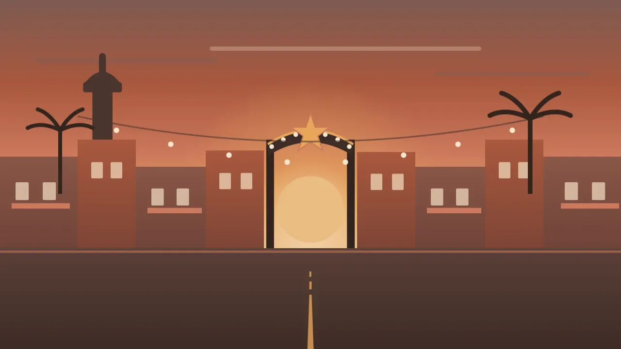 Illustration of the neon North Park sign arching over 30th Street and University Avenue at golden hour, with the historic North Park water tower and palm silhouettes, in the brand's coral and amber palette