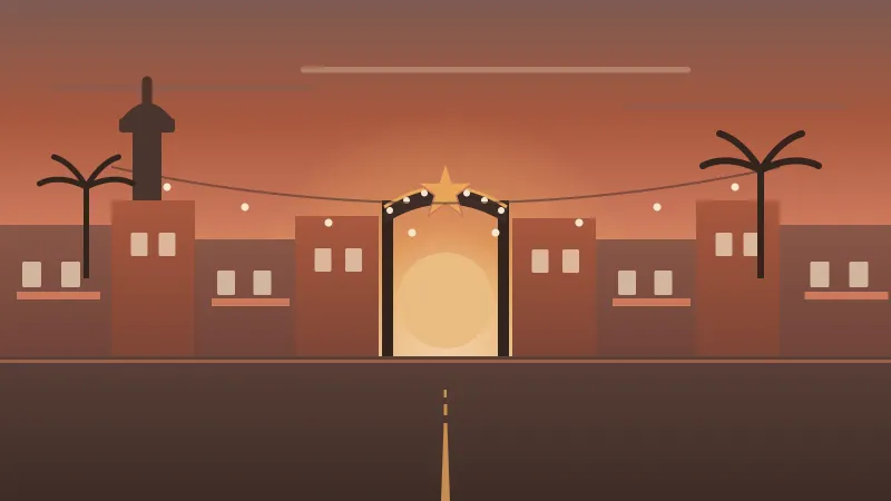 Illustration of the neon North Park sign arching over 30th Street and University Avenue at golden hour, with the historic North Park water tower and palm silhouettes, in the brand's coral and amber palette