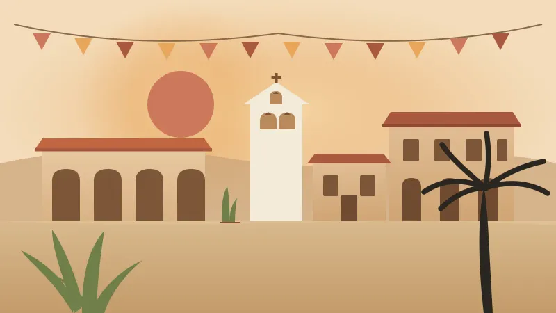 Illustration of Old Town San Diego at golden hour, with adobe buildings under terracotta tile roofs, a white Spanish bell wall, papel picado banners strung overhead, a palm tree and an agave, in the brand's cream and coral palette