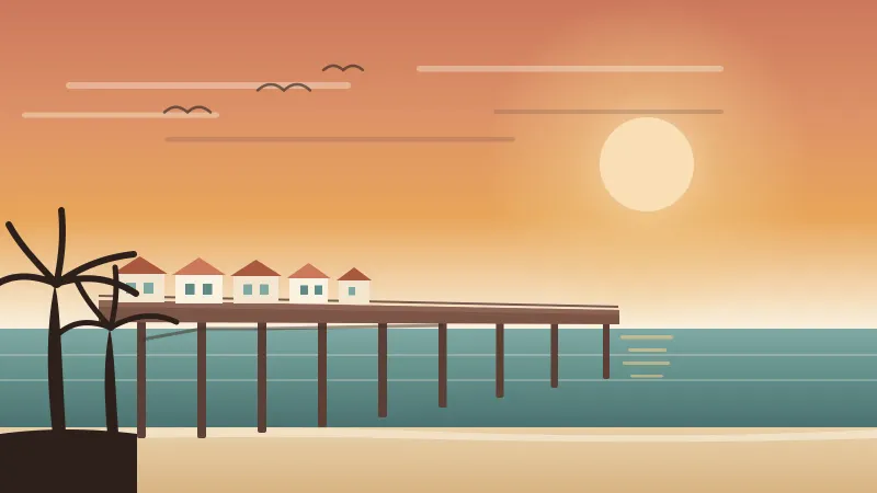 Illustration of Crystal Pier and its row of over-water cottages reaching into the ocean in Pacific Beach, San Diego, framed by palm silhouettes at golden hour, in the brand's coral and amber palette
