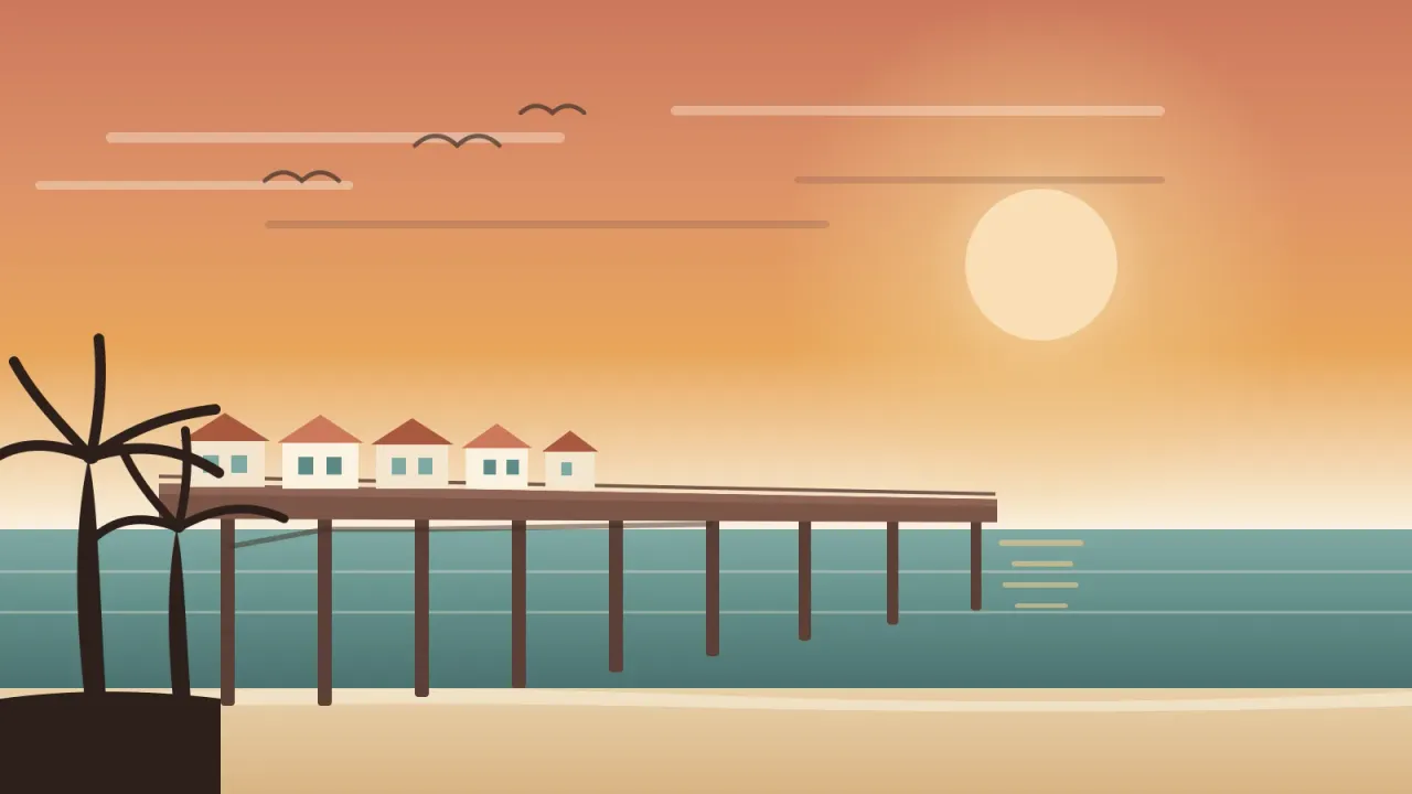 Illustration of Crystal Pier and its row of over-water cottages reaching into the ocean in Pacific Beach, San Diego, framed by palm silhouettes at golden hour, in the brand's coral and amber palette