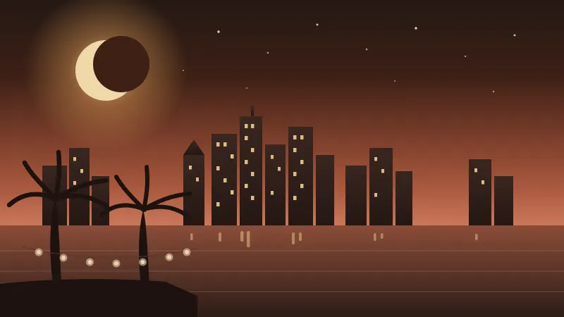 Illustration of the downtown San Diego skyline at night with lit windows, a crescent moon, palm silhouettes and string lights over the bay, in the brand's coral and amber palette