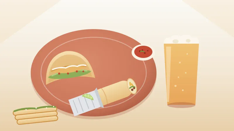 Illustration of San Diego food on a coral plate: a Baja fish taco, a foil-wrapped California burrito, rolled tacos, salsa, and an amber West Coast IPA, in the brand's coral and amber palette