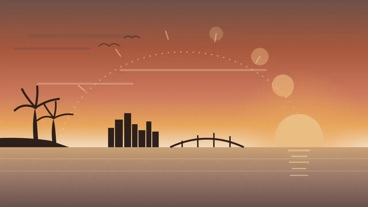 Illustration of the sun tracking down its arc to the horizon over a Point Loma headland in San Diego, with a palm and agave silhouette, in the brand's cream, coral, and amber palette